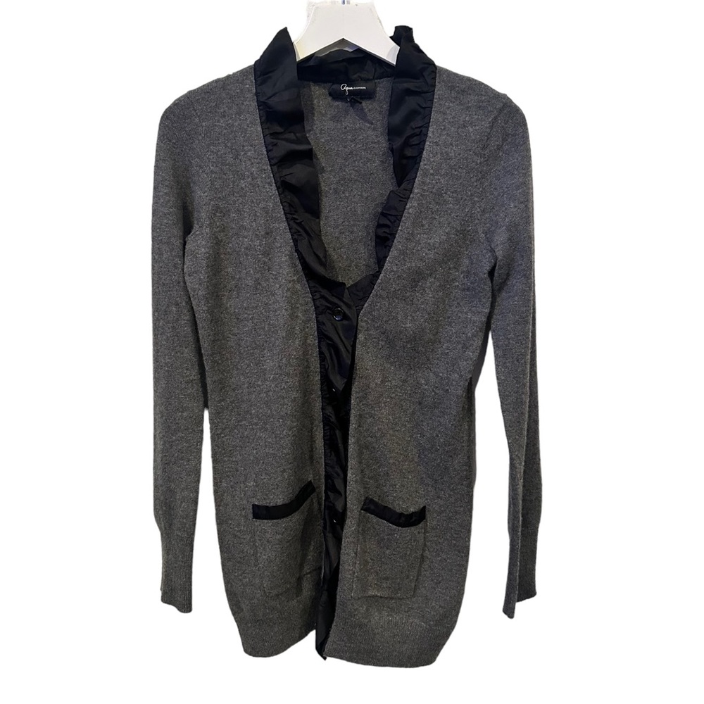 Aqua 100% cashmere ruffle‎ trim gray black cardigan sweater women’s S preppy